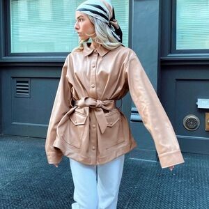 NWT L’Academie Belted Faux Leather Camel Tan Belted Shirt Jacket